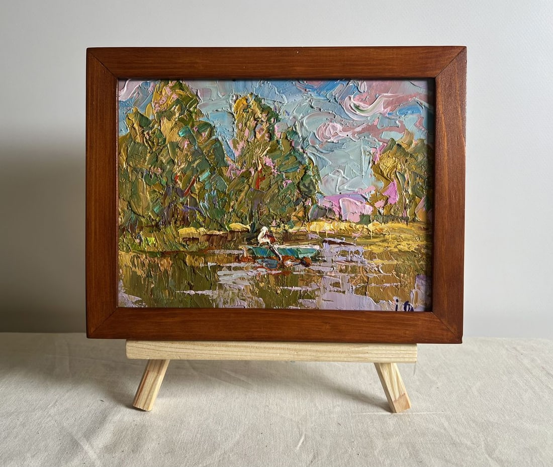 Oil painting Relaxation on a summer river Alex Kalenyuk: NoAAA3867 This oil painting cardboard, titled "Relaxation on a summer river", the interplay of colors, light, and reflections creates a dreamy atmosphere, evoking the sensation of floating gently