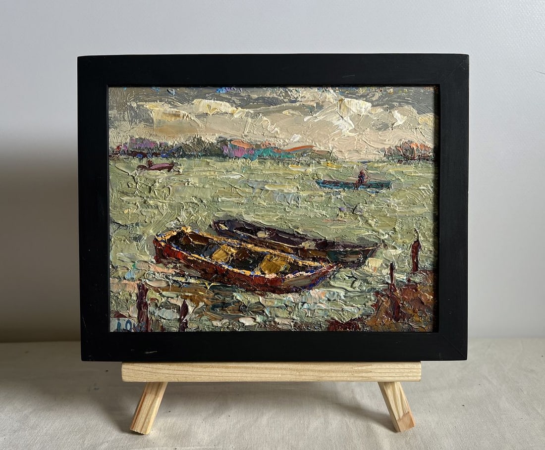 Oil painting Boats near the pier Oksana Kalenyuk: NoAAA3950 This oil painting cardboard, titled "Boats near the pier", the artist employs thick, textured strokes to create depth, movement, and the tactile qualities of both the water and the boats.