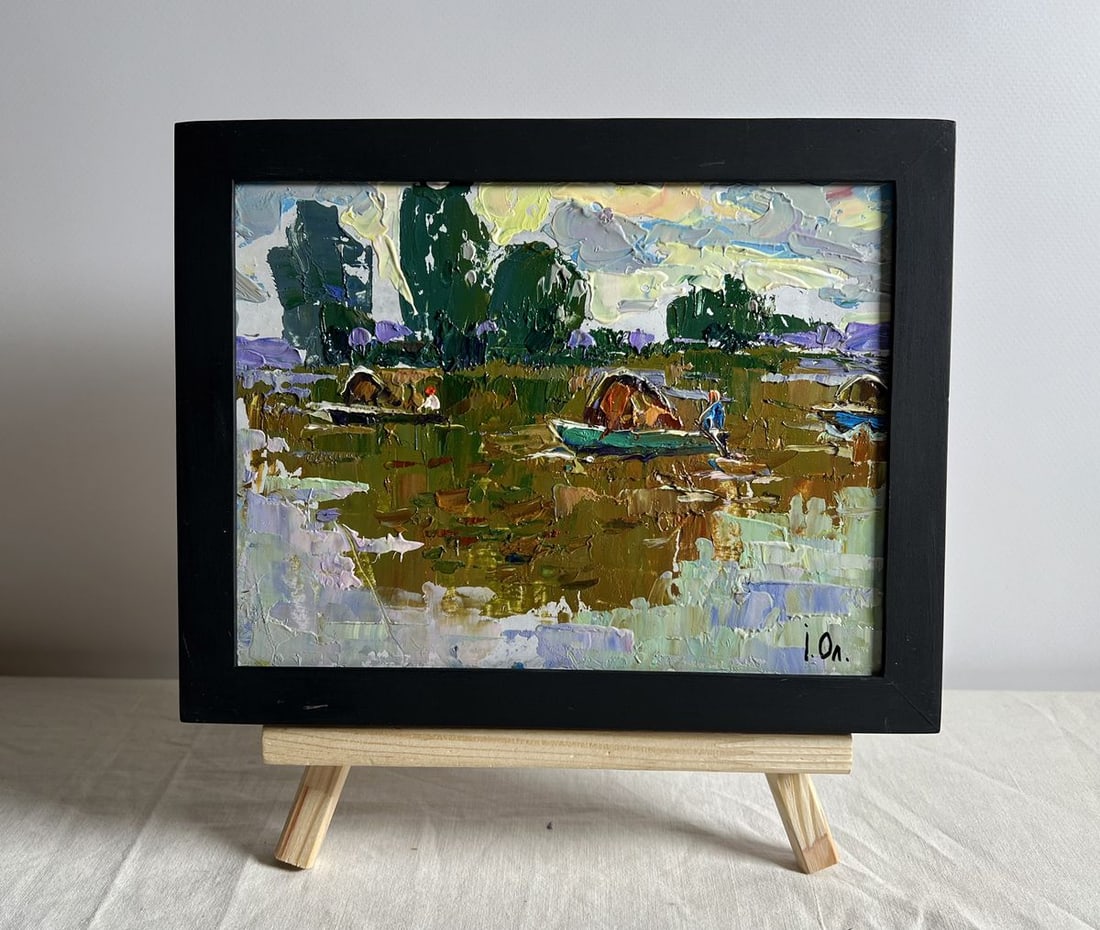 Oil painting Hay transportation by boats Alex Kalenyuk: NoAAA3982 This oil painting cardboard, titled "Hay transportation by boats", the artist employs an impasto technique, layering thick, expressive brushstrokes to create a textured, dynamic