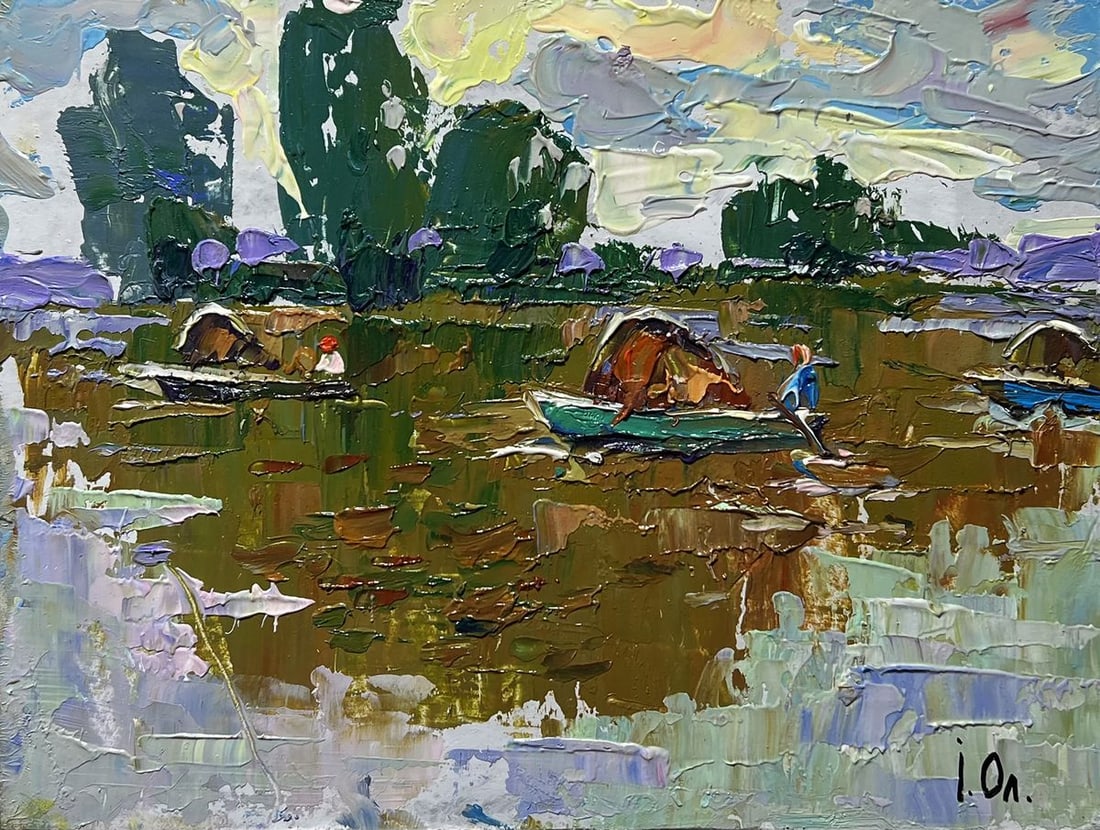 Oil painting Hay transportation by boats Alex Kalenyuk - 3