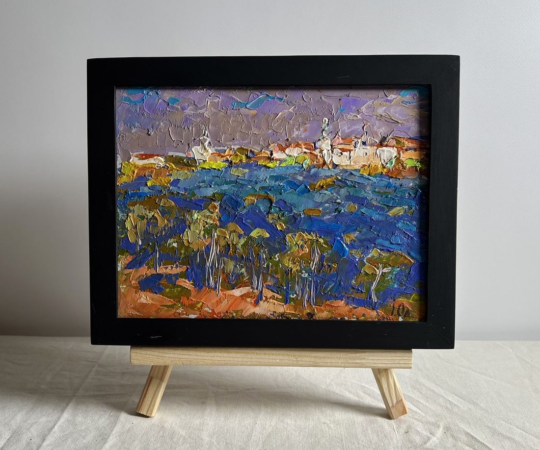 Oil painting Covered with grey clouds Alex Kalenyuk: NoAAA3996 This oil painting cardboard, titled "Covered with grey clouds", the interplay of rich blues, earthy browns, and subdued grays enhances the atmospheric mood, evoking a sense of impending