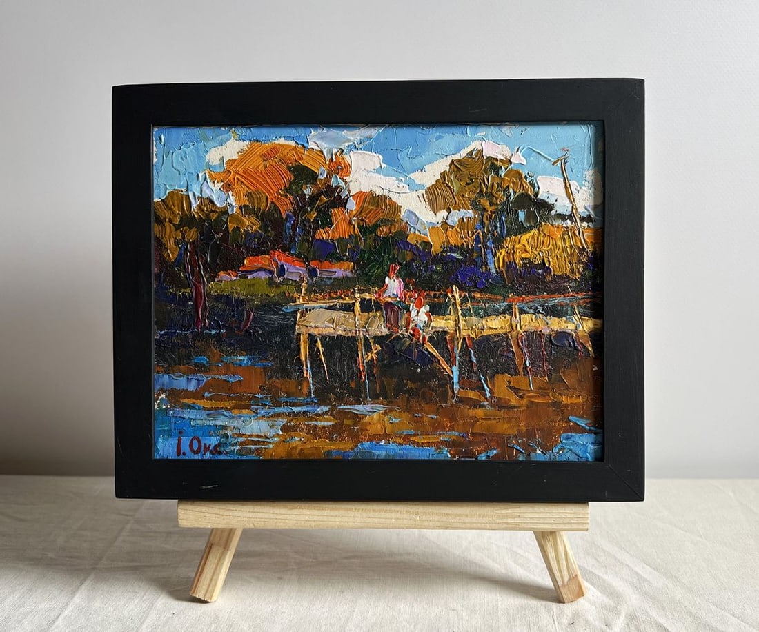 Oil painting Evening freshness by the river Oksana Kalenyuk: NoAAA4010 This oil painting cardboard, titled "Evening freshness by the river", the artist employs an expressive impasto technique, using thick layers of oil paint to create depth and movement, making