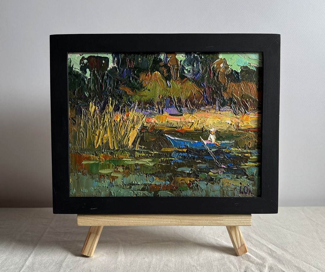 Oil painting I swim to the river bank Alex Kalenyuk: NoAAA4015 This oil painting cardboard, titled "I swim to the river bank", the artist employs a rich, textured impasto technique, layering colors with bold, expressive strokes to create a vibrant,
