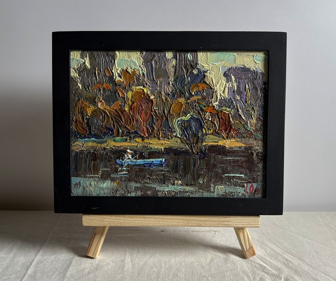 Oil painting Deep into the forest across the river Alex Kalenyuk: NoAAA4022 This oil painting cardboard, titled "Deep into the forest across the river", the artist skillfully uses thick impasto brushstrokes and a rich, moody color palette to create a sense of