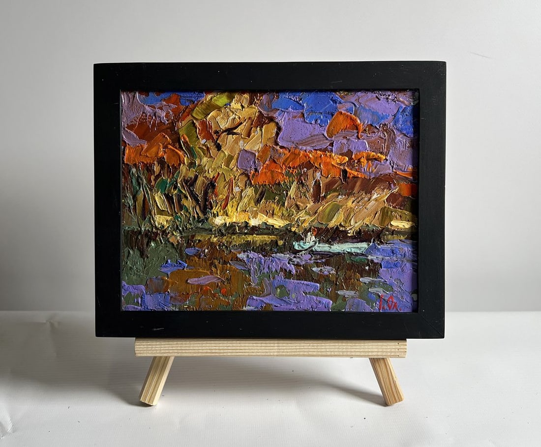 Oil painting Fishing in autumns Alex Kalenyuk: NoAAA4065 This oil painting cardboard, titled "Fishing in autumn", the composition is filled with vibrant and textured brushstrokes that bring depth and movement to the scene, reflecting the