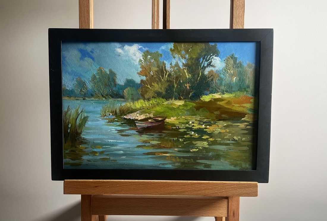 Oil painting On a summer nature holiday Yuriy Suprunchuk: NoAAA4168 The painting titled "On a summer nature holiday" transports the viewer into a tranquil riverside scene, evoking the essence of a warm, peaceful summer day. The composition is centered