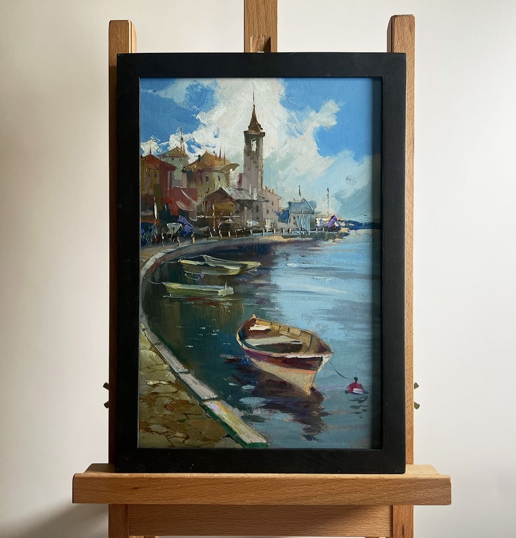 Oil painting Busy city port Yuriy Suprunchuk: NoAAA4176 The painting titled "Busy city port" captures the essence of a vibrant coastal town where life flows between the land and the sea. The artist masterfully conveys the movement of daily