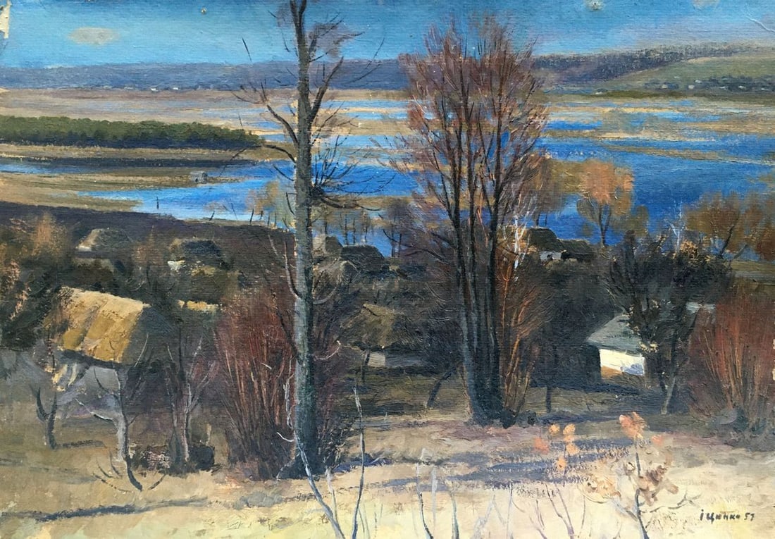 Oil painting Overlooking the village Tsyupka Ivan Kirillovich: No1001 *** ABOUT THIS PAINTING *** * TITLE: "Overlooking the village" * ARTISTS: Tsyupka Ivan Kirillovich * SIZE: 35x52 cm/'13.77x20.47 inches' * MEDIUM: oil, cardboard * HAND PAINTED: Original