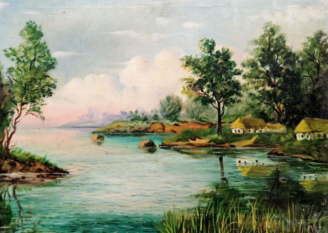 Oil painting Houses by the river Unknown artist (1 of 10)