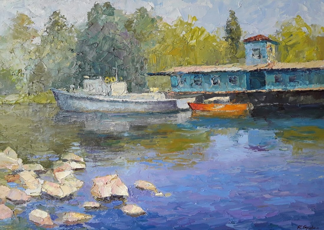 Oil painting Berth on the Dnieper Serdyuk Boris Petrovich: NoSERB 244 * TITLE: "Berth on the Dnieper" * ARTISTS: Serdyuk Boris Petrovich * SIZE: 70x50 cm/'27.55x19.68 inches' * MEDIUM: oil, canvas * HAND PAINTED: Original painting from our collection * CONDIT