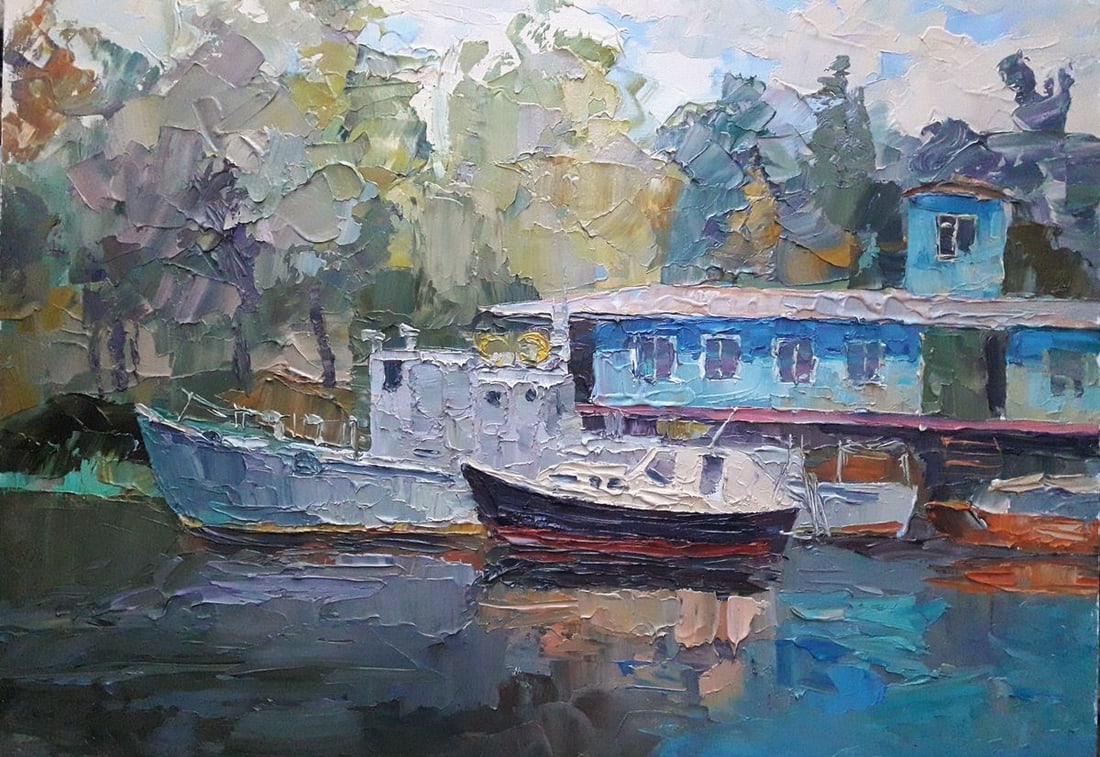 Oil painting Quay Serdyuk Boris Petrovich: NoSERB 245 * TITLE: "Quay" * ARTISTS: Serdyuk Boris Petrovich * SIZE: 70x50 cm/'27.55x19.68 inches' * MEDIUM: oil, canvas * HAND PAINTED: Original painting from our collection * CONDITION: we tried to