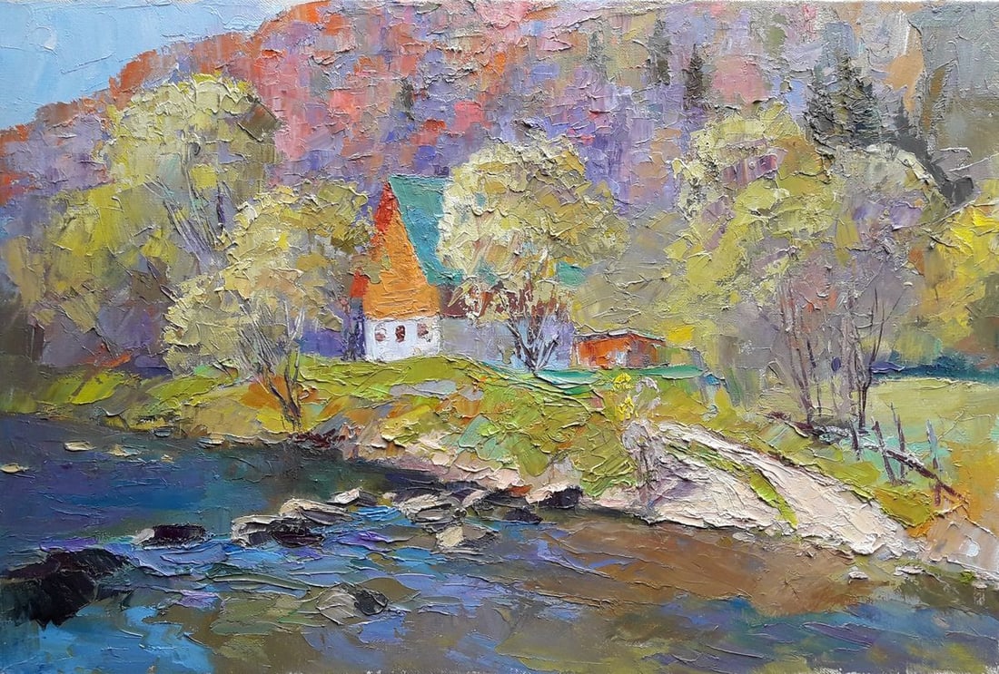 Oil painting Mountain stream Serdyuk Boris Petrovich: NoSERB 326 * TITLE: "Mountain stream" * ARTISTS: Serdyuk Boris Petrovich * SIZE: 40.5x60 cm/'15.74x23.62 inches' * MEDIUM: oil, canvas * HAND PAINTED: Original painting from our collection * CONDITION