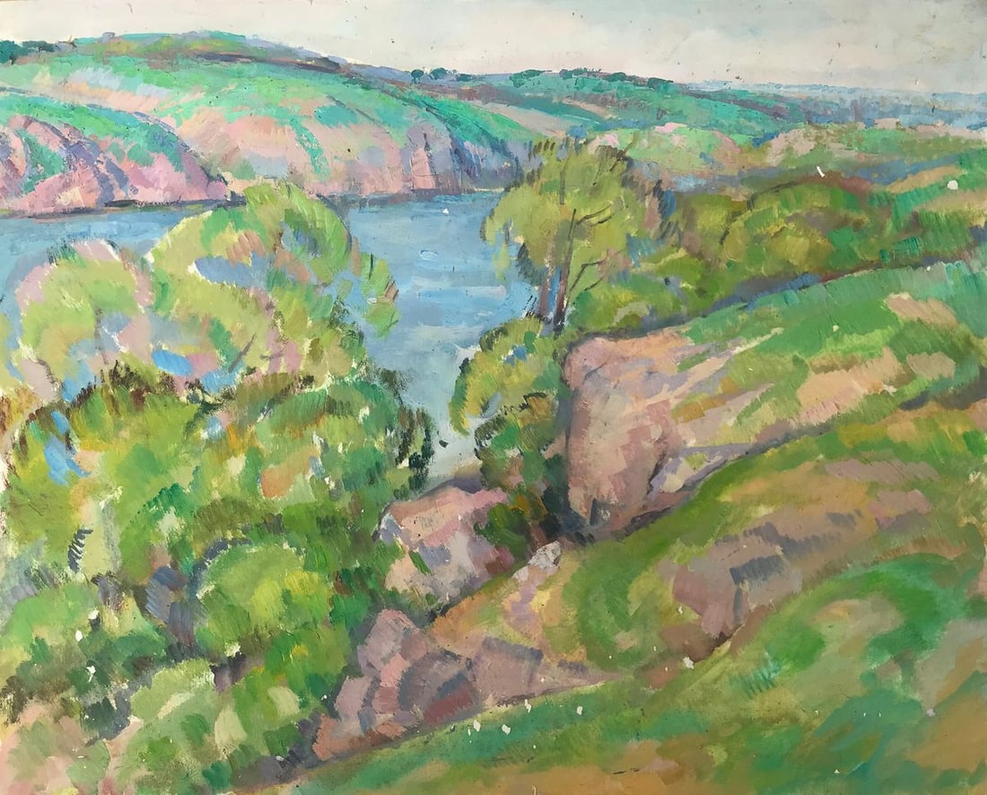 Oil painting Summer landscape Peter Tovpev: NoAAA2205 This beautiful oil painting captures the energy and vitality of summer. The lush green hills and forest are alive with color, while the river between the hills lends a sense of tranquility