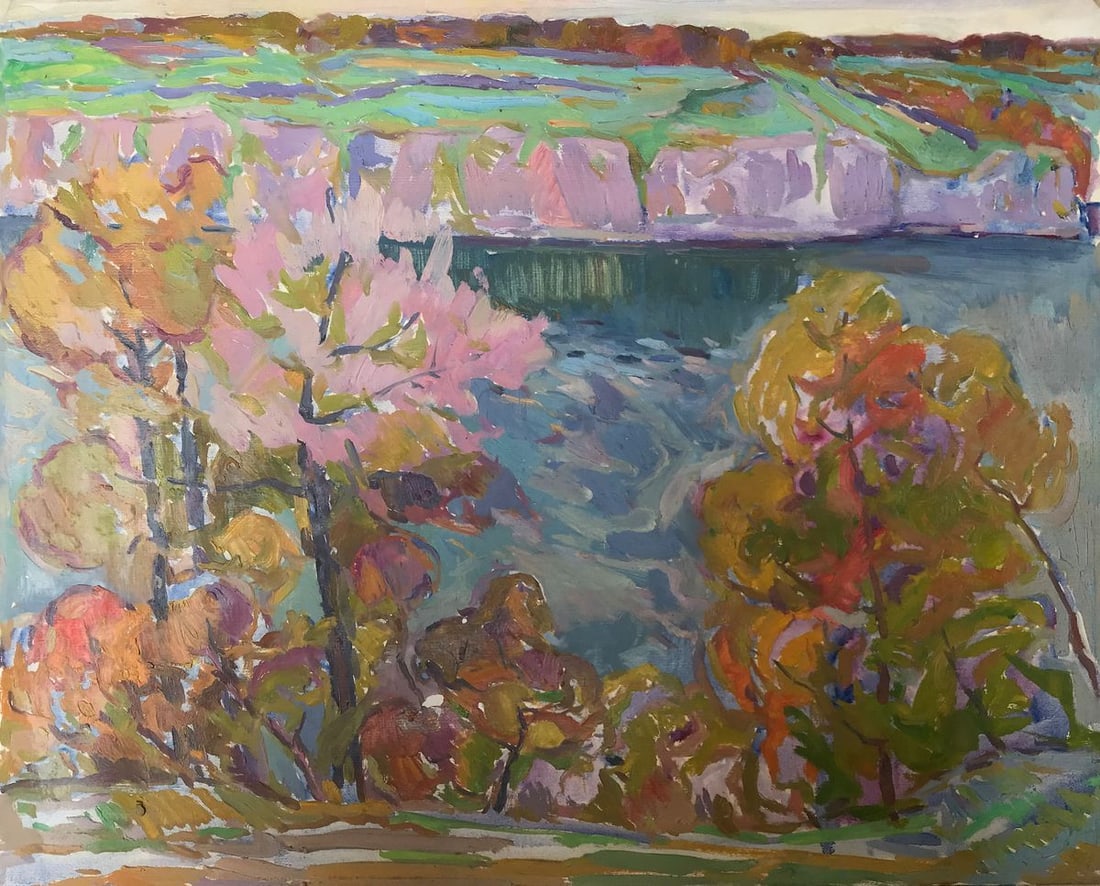 Oil painting Autumn in the mountains Peter Tovpev: NoAAA2207 This stunning oil painting depicts the beauty of autumn in the mountains. The mountain lake is a beautiful deep blue, surrounded by the forest with its autumn colors. The meadows are a