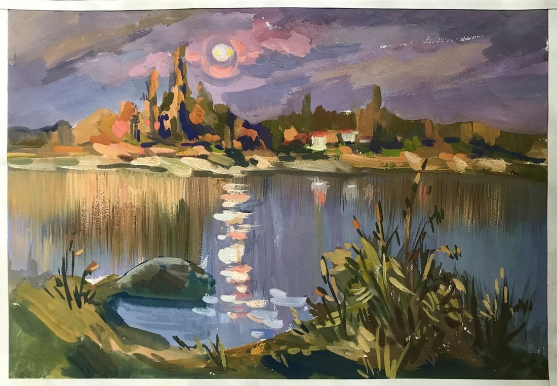Oil painting Sunset in nature Unknown artist: NoAAA2273 This oil painting called "Sunset in Nature" captures the beauty and serenity of a late evening scene. The river is calm and the trees across the river are silhouetted against the sky. The ho