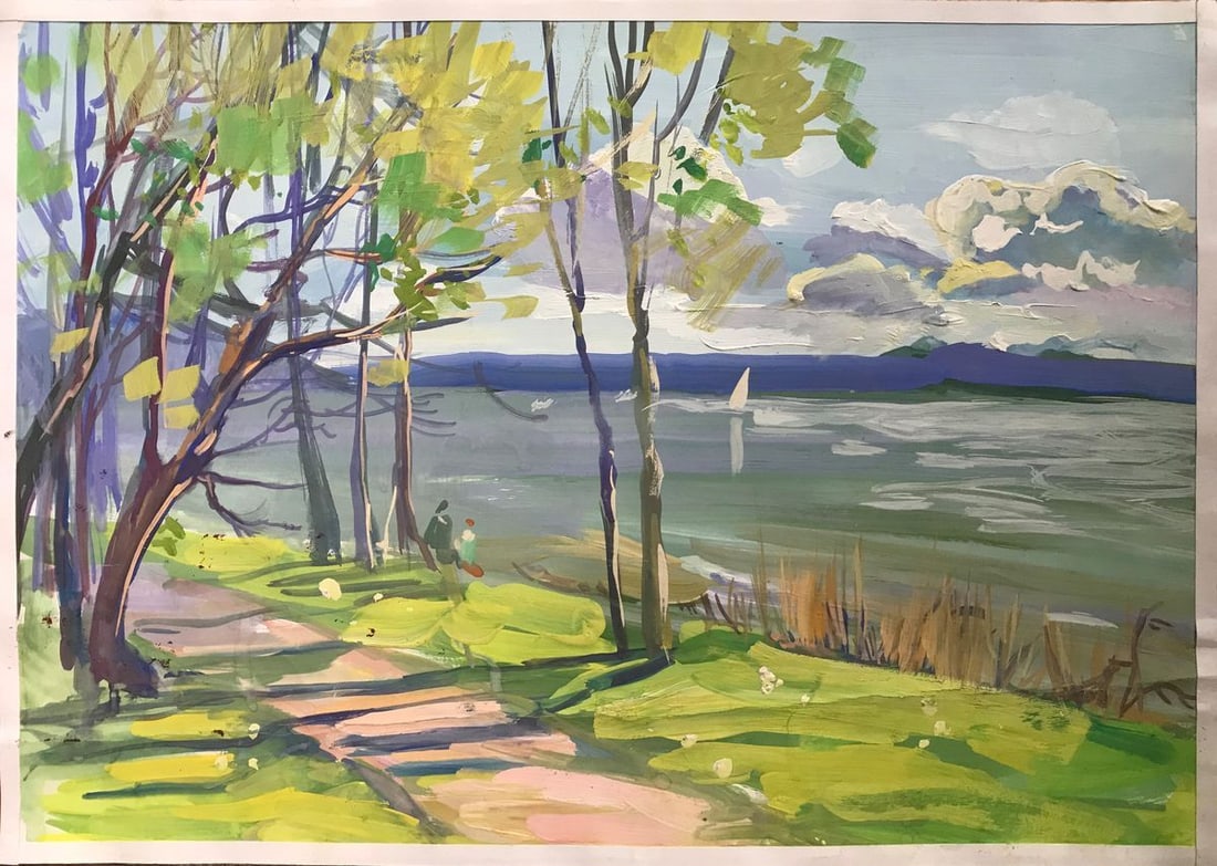 Oil painting Walk along the coast Unknown artist: NoAAA2274 This beautiful oil painting captures a lovely scene of people strolling along the riverbank while a sailboat floats lazily down the big river. In the distance, you can see rolling hills and