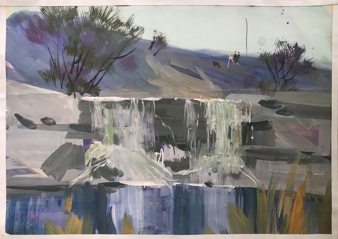 Oil painting Waterfall Unknown artist: NoAAA2275 This stunning oil painting depicts a beautiful waterfall cascading down a rocky hill. The vibrant colors and rushing water create a sense of movement and energy, while the stone ledge