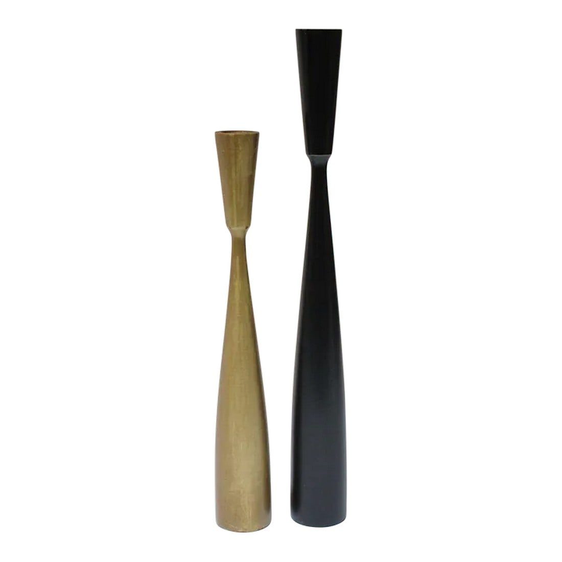 Set of Two Danish Modern Candlesticks in Gold and Black: Sculptural, unique set of two Danish Modern 1960s candlesticks - the tall in original matte black, the short in original gold. Light wear/patina to both, as shown, all original and commensurate with