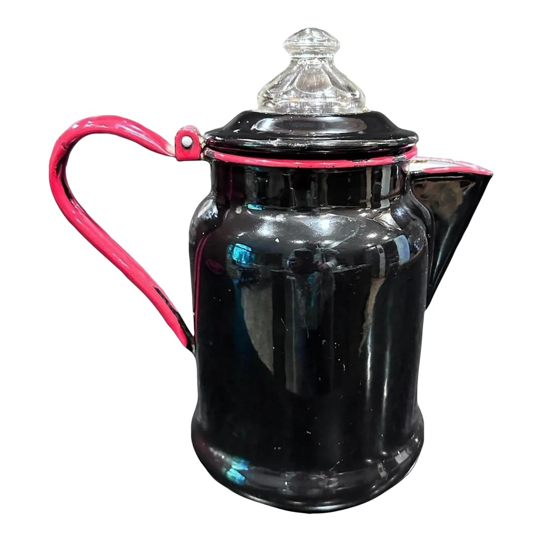 Vintage 1940s Black and Red Enamel Coffee Pot Glass Topper Decor (1 of 6)