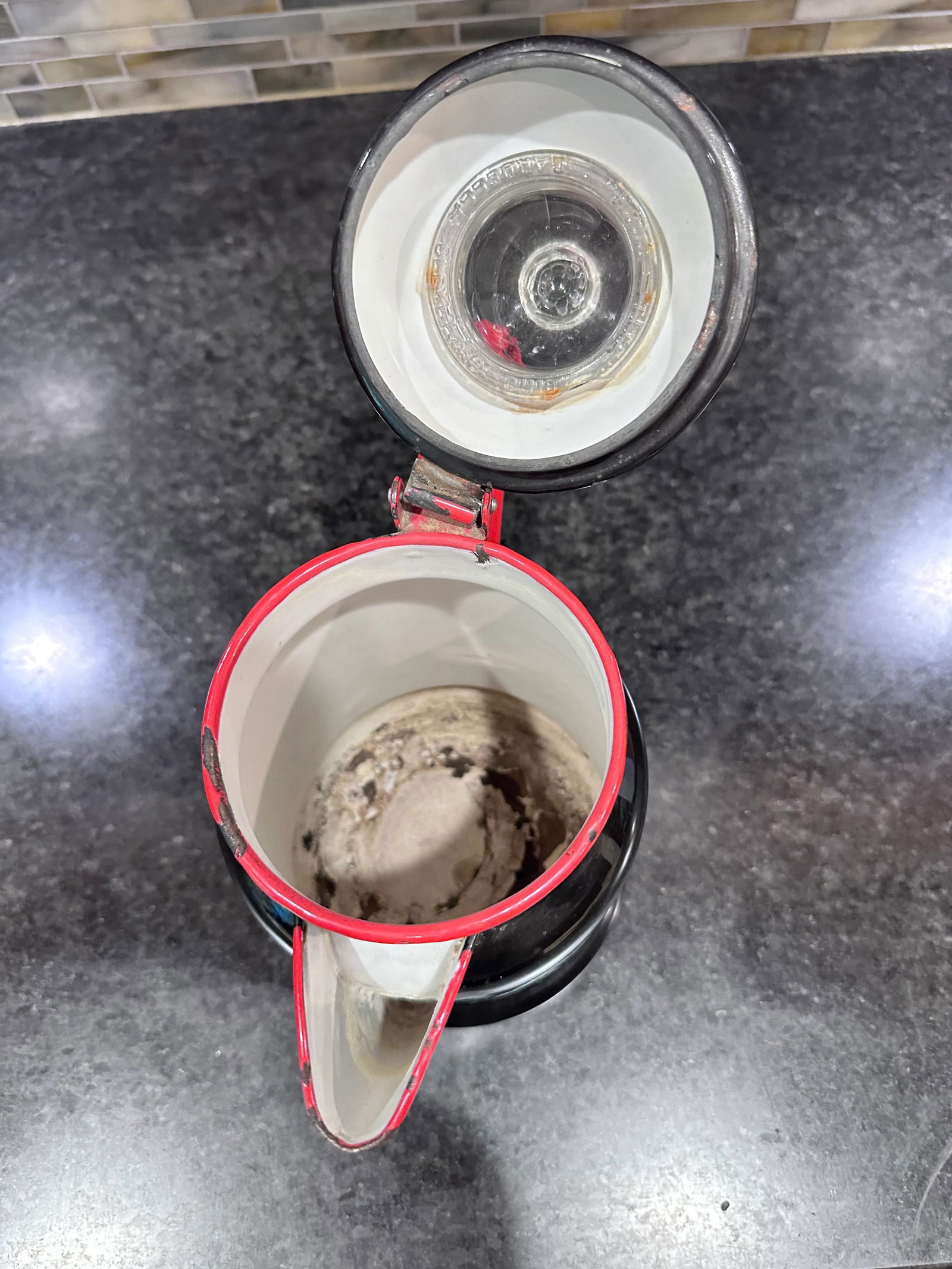 Vintage 1940s Black and Red Enamel Coffee Pot Glass Topper Decor - 2