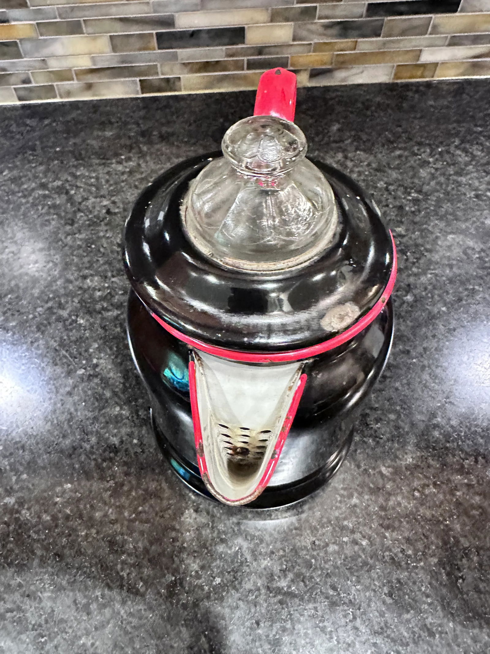 Vintage 1940s Black and Red Enamel Coffee Pot Glass Topper Decor - 3