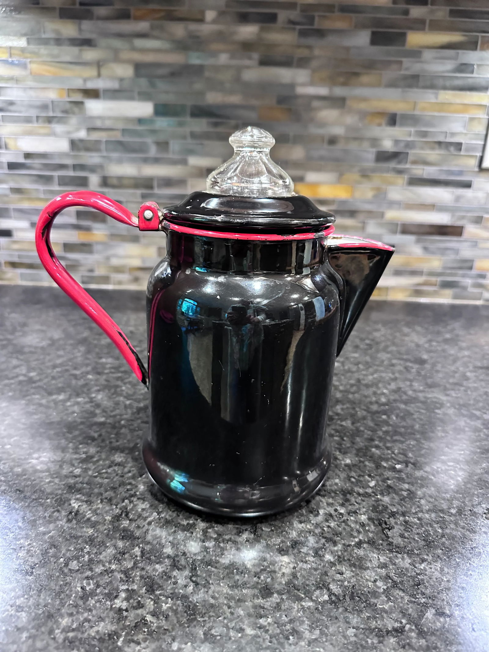 Vintage 1940s Black and Red Enamel Coffee Pot Glass Topper Decor - 4
