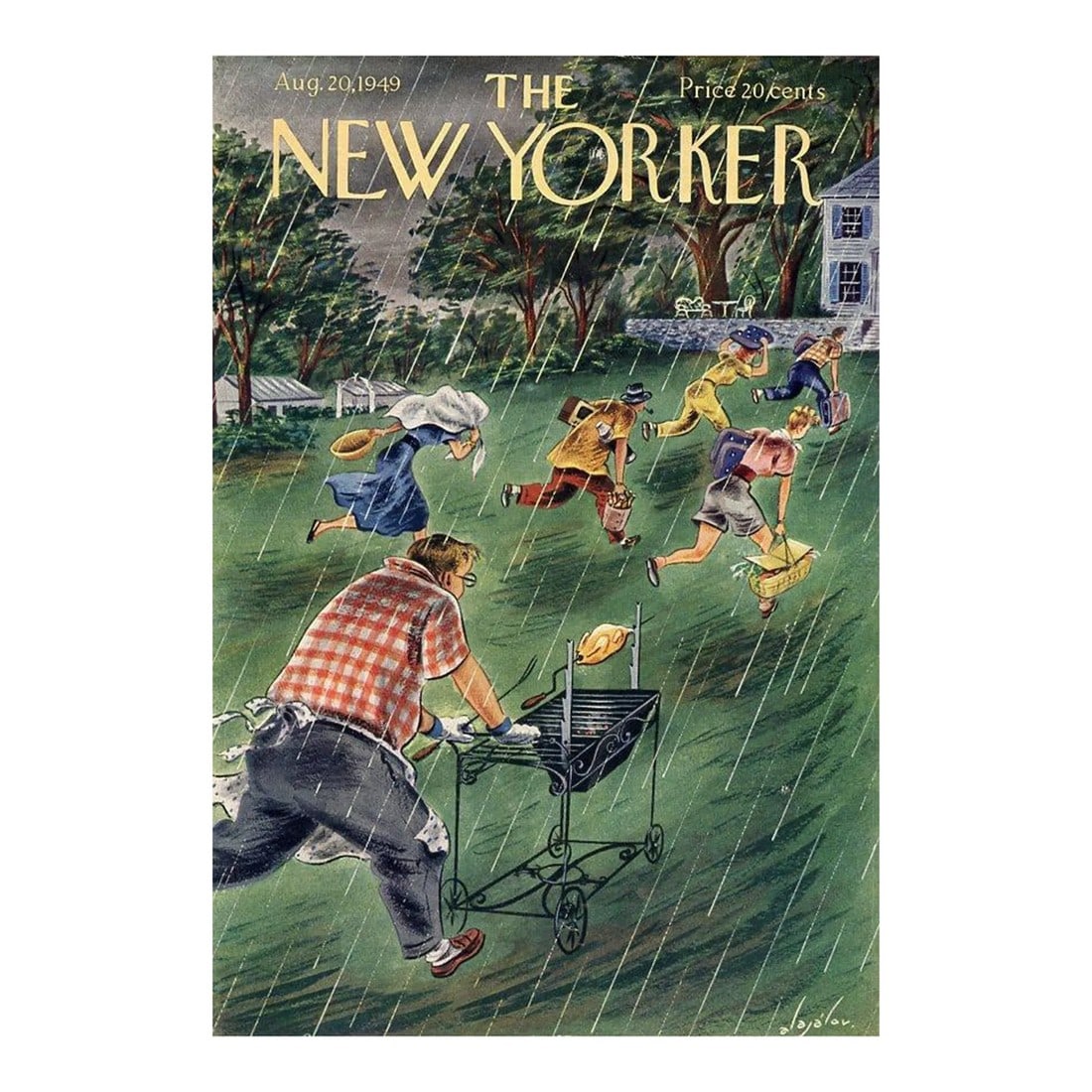 1949, New Yorker Magazine Cover, August 20 (Constantin Alajalov), Original Vintage Cover, Summer, Bb: Original early New Yorker magazine cover dated August 20, 1949 featuring a Summer and BBQ theme. Based on an illustration by Constantin Alajalov (1900-1987). This is an authentic New Yorker magazine c