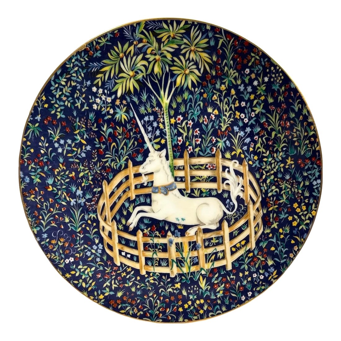 1970s Limoges Hunt of the Unicorn Plate Limited Edition Number 1: Mint Condition with original box and pamphlet. French Limoges porcelain plate featuring ornate hand-painted scene with intricate floral pattern and fine details. Limoges France, La Chasse A La