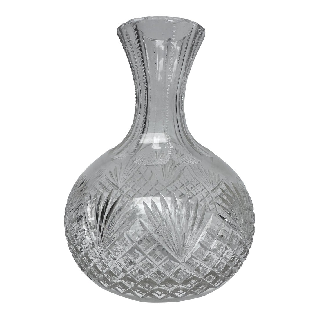 Circa 1897 Antique Crystal Carafe American Brilliant Period Strawberry Diamond Fans: An antique hand cut crystal glass carafe from the American Brilliant Period. Strawberry Diamond and Fan hand-cut design. Oval punties ring the bottom. The strawberry diamond with fans pattern