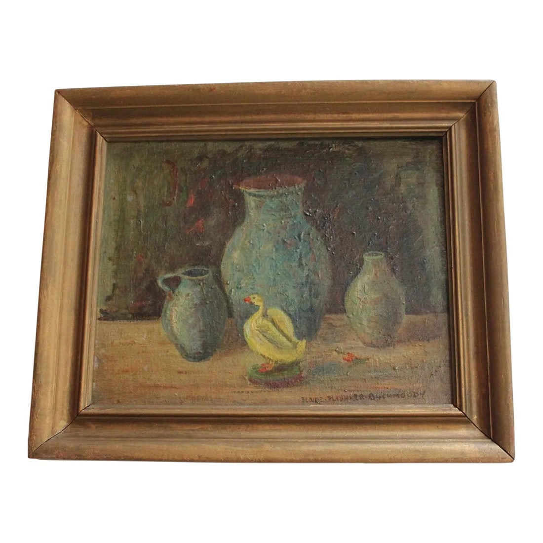 Elaine Plishker Auchmoody Still Life With Duck Oil on Canvas: Still life oil painting ca. 1940s depicting a 'duck' figurine amid vessels by Elaine Plishker Auchmoody (b. NYC 1910 - d. Massachusetts 1976). Auchmoody was a highly-regarded lecturer and esteemed
