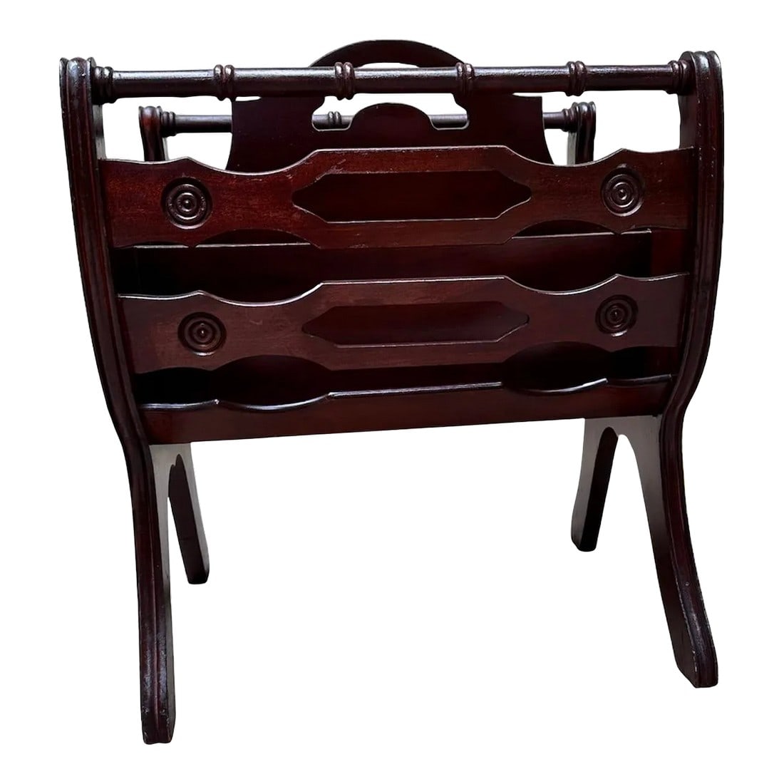Mid 20th Century Butler Style 855 Mahogany Wood Magazine Rack: Vintage and stylish magazine rack organizer. Age and use nicks in wood Light finish wear 15.5" long x 18" tall x 10" wide Condition: Alterations: Original Condition Unaltered Imperfections: Some