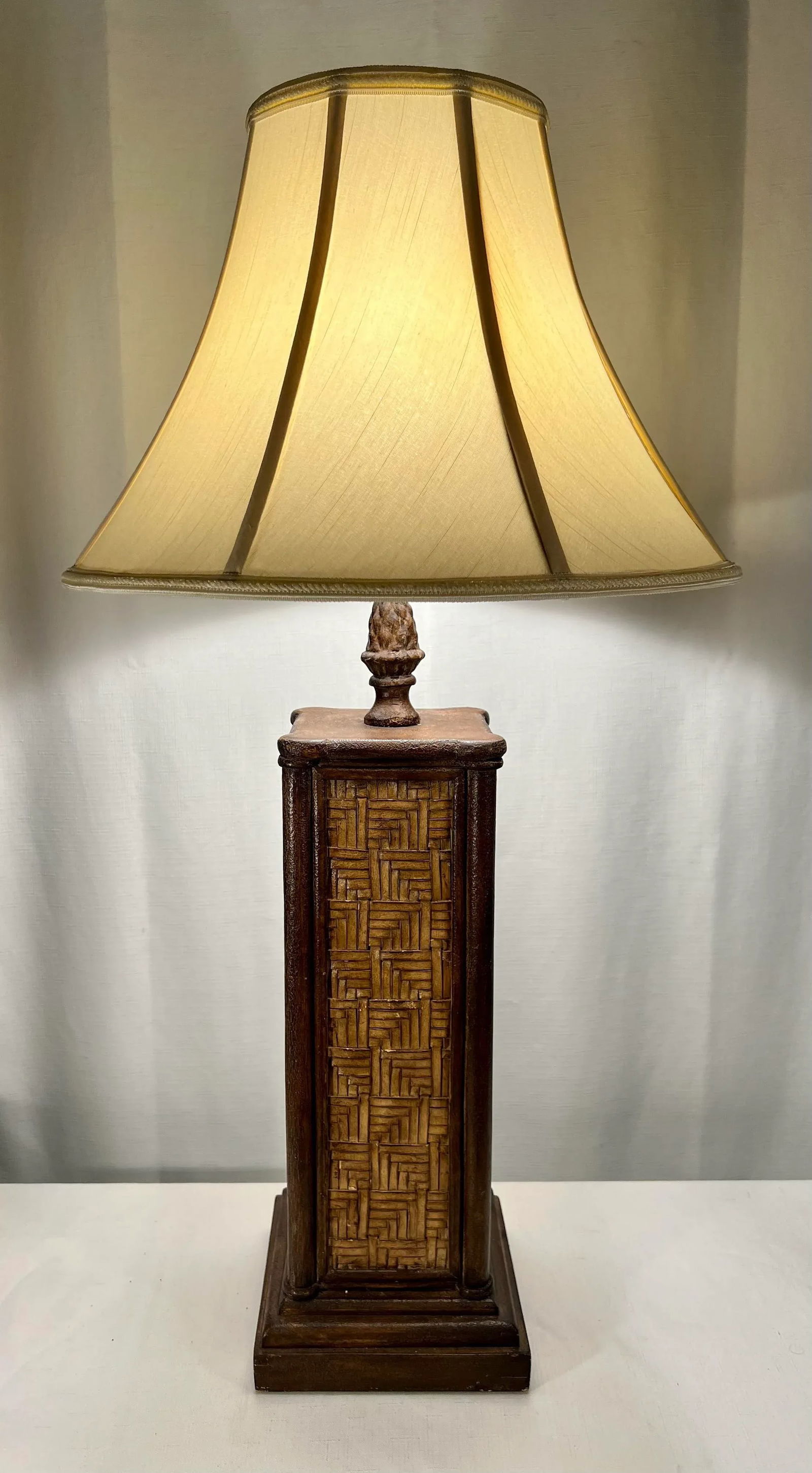 Vintage Wildwood Handmade and Finished Woven Cane Lamp With Silk Shade - Included - 2