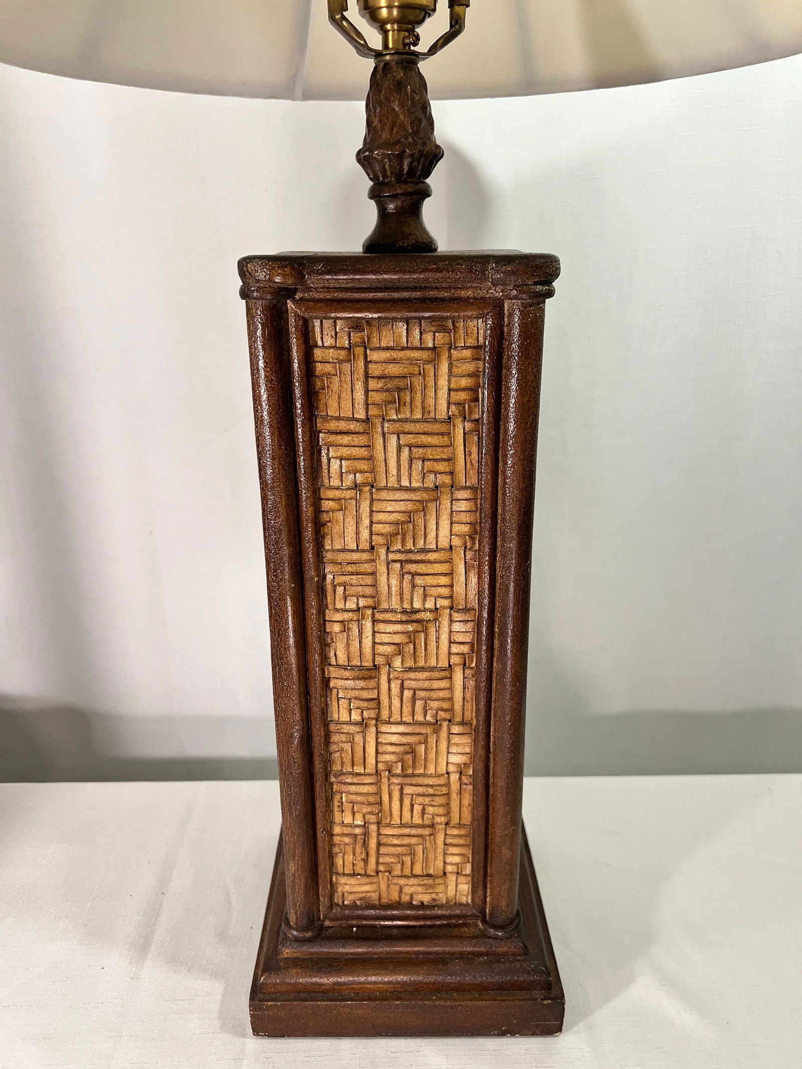 Vintage Wildwood Handmade and Finished Woven Cane Lamp With Silk Shade - Included - 3