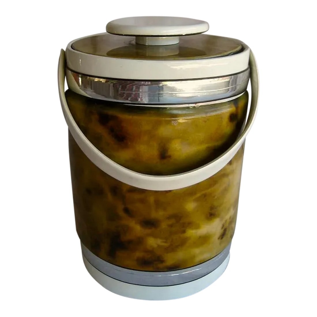Mid Century Modern American Ice Bucket Circa 1970: Strongly the 1970 this ice bucket for sure makes a statement , all in plastic with a lovely faux leather /marble finish it present a worm and elegant finish white handle and circle on the main body