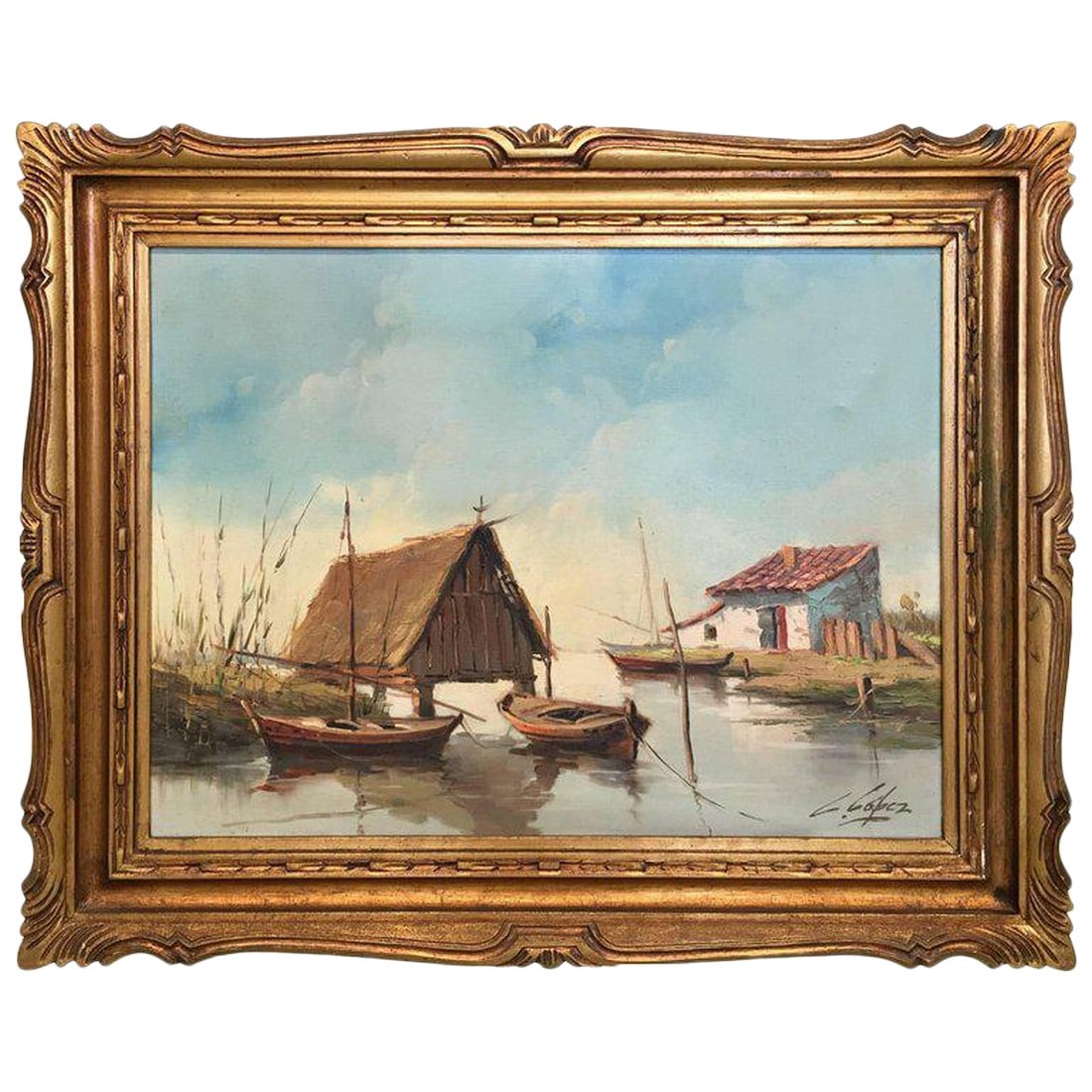 1950 Oil on Canvas, the Lagoon, Valencia, Spain Signed C.Lopez: About 1950 oil on canvas, The lagoon, Valencia, Spain signed by Lopez with a beautiful frame Traditional landscape of Valencia Called "Albufera". Details OF THE PERIOD Spanish Colonial PLACE OF