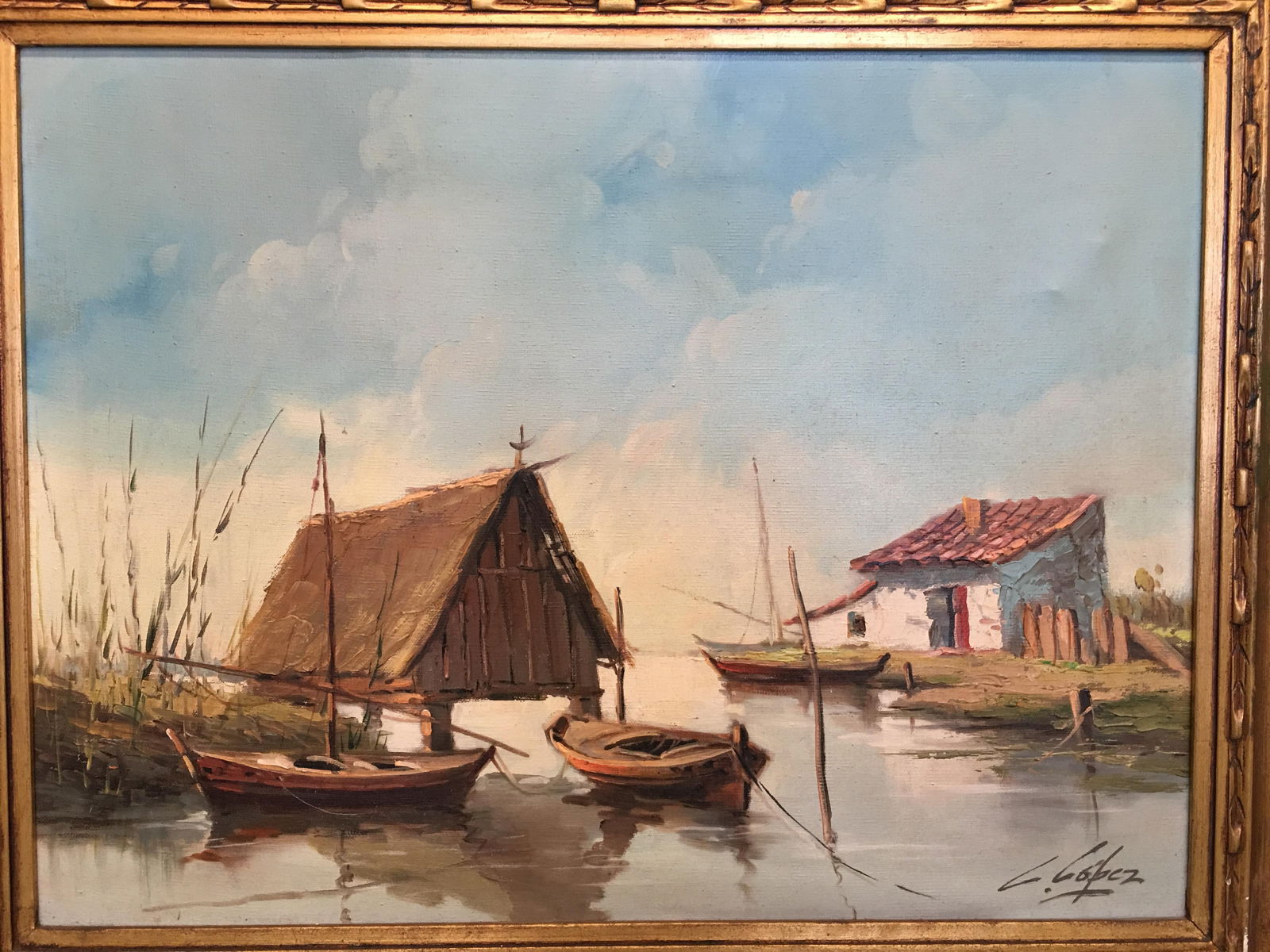 1950 Oil on Canvas, the Lagoon, Valencia, Spain Signed C.Lopez - 2