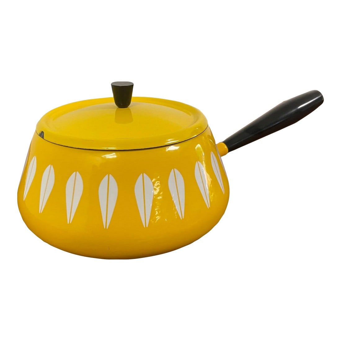Vintage Bright Yellow & White Cathrineholm Enamelware Lotus Fondue Pot: Vintage bright yellow Cathrineholm Enamelware Lotus Fondue Pot. Very little signs of use or wear. The rim is very good, minor wear on the lid is shown in photos. 13" wide 7" deep 5" tall 