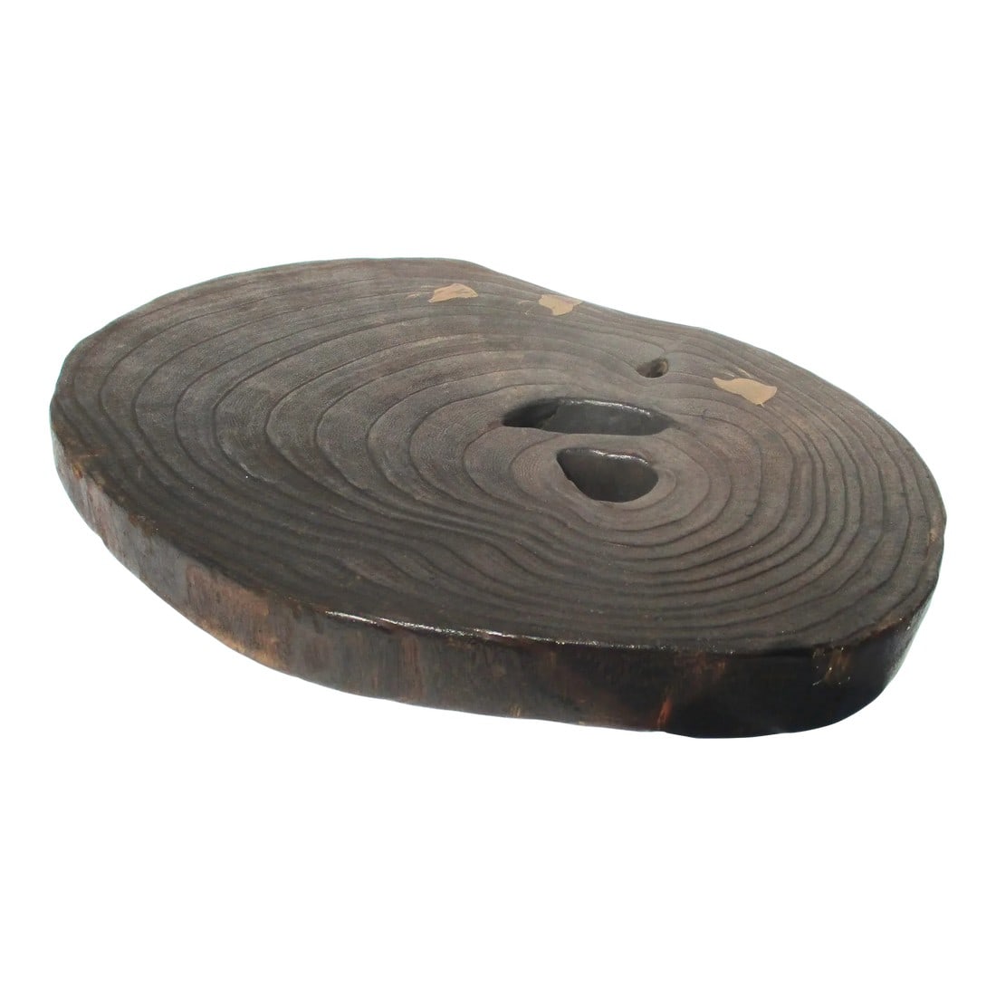 Antique Japanese Lacquered Ikebana Display Stand: Antique Japanese Lacquered Ikebana Display Stand. Cedar slab with handpainted lacquer design on the side and on the top three birds. Mat brown lacquered finish over the hole. natural slab with hollow