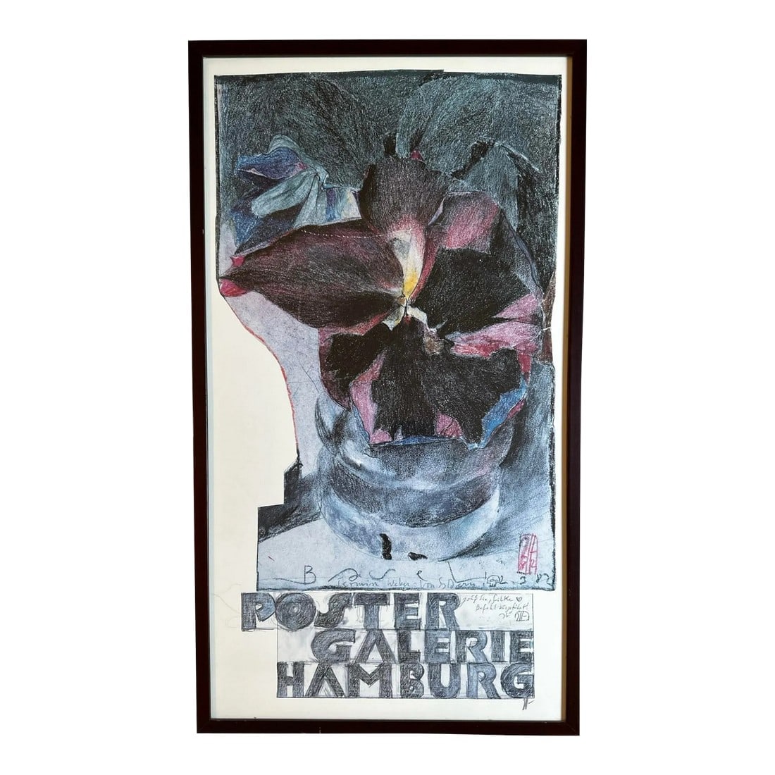 Horst Janssen Signed Poster Galerie Hamburg 1982: Hand signed offset color lithograph poster Poster based on a drawing in colored pencil and pastel. Design from 1982 by Horst Janssen for Art Basel. Pencil signed bottom right Frame size 16.25"