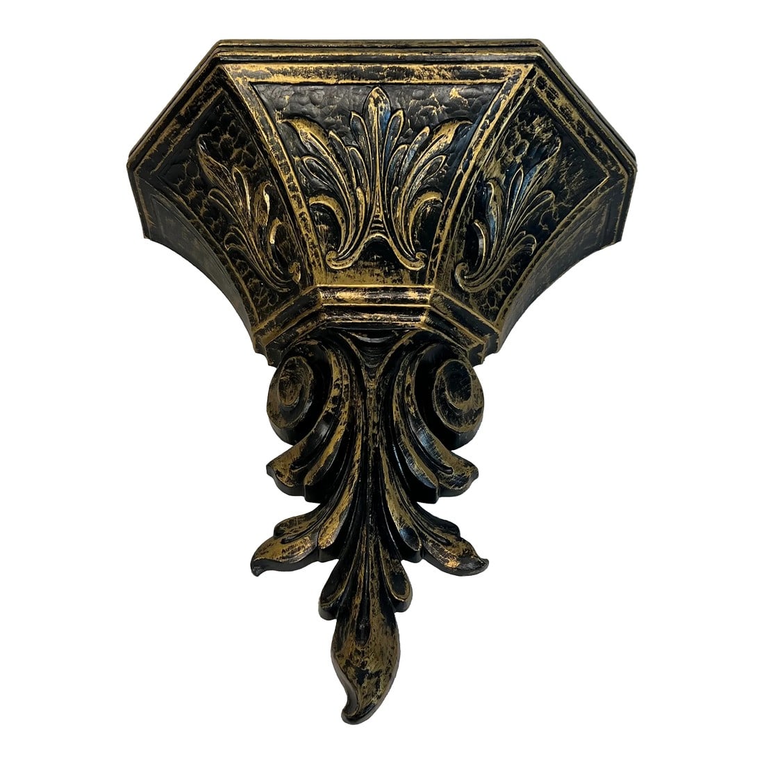 Vintage Syroco Hollywood Regency Gold and Black Acanthus Leaf Wall Pocket: Welcome to Turtle and Crane! Introducing this wonderful Vintage Syroco Mid-Century Modern Black and Gold Hollywood Regency Acanthus Wall Sconce Pocket a stunning piece that combines timeless elegance