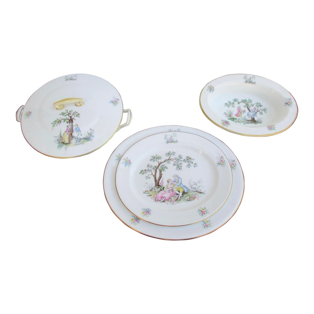 Royal Worcester Watteau Pattern Service Pieces -A Group of 5: Services pieces for Royal Worcester Porcelain pattern Watteau. Circa 1950s design based on the 18th century French Court life paintings. Romantic and brightly colored. The group consists of a 9.5"