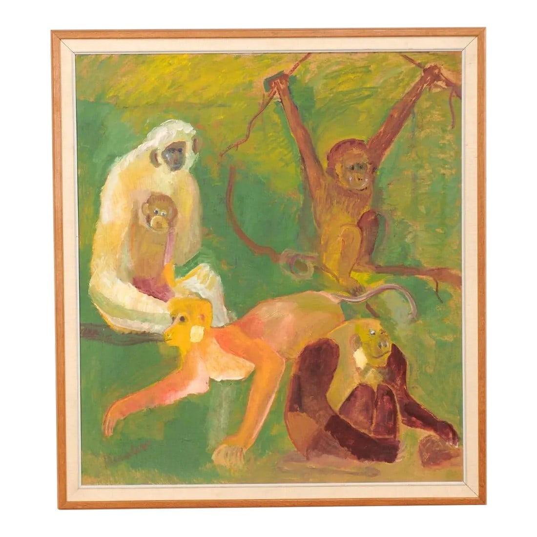 Danish 1930's Framed Painting of Monkeys: An original oil on canvas painting depicting various species of monkeys by Danish artist/architect Carl Gustav Herslev (born in Copenhagen in 1901 and died in 1960). Carl Gustav Herslev painted portra