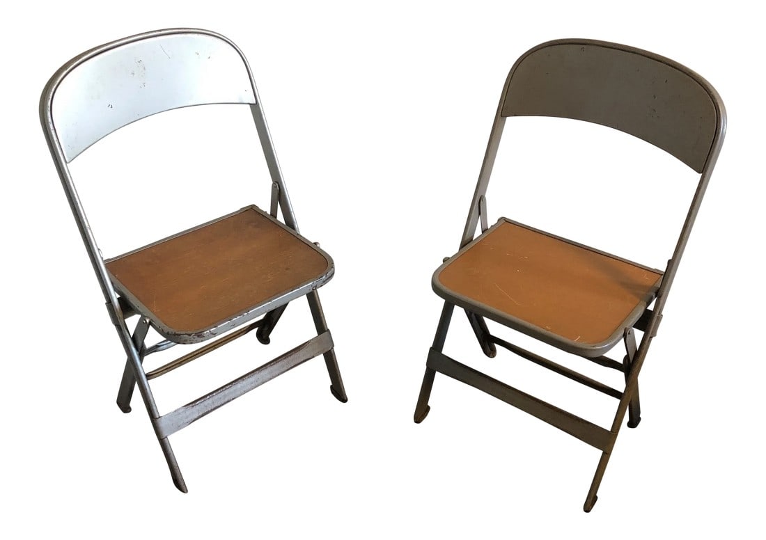 1950s Industrial Metal Children's Folding Chairs - a Pair: Gorgeous pair of children's chairs with stamp and signature. Perfect for a nursery or vintage children space. ***additional 2 chairs available (4 total), please inquire. Condition: Alterations: