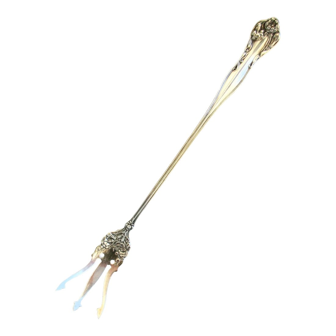 Art Nouveau Toasting Fork by Thomas G. Brown & Sons Circa 1880s: Fabulous Art Nouveau Sterling Silver toasting fork for fireplace or grill. Used to toast meats over a flame. Beautifully carved carnation designs on the handle and bowl. Front and back designed,