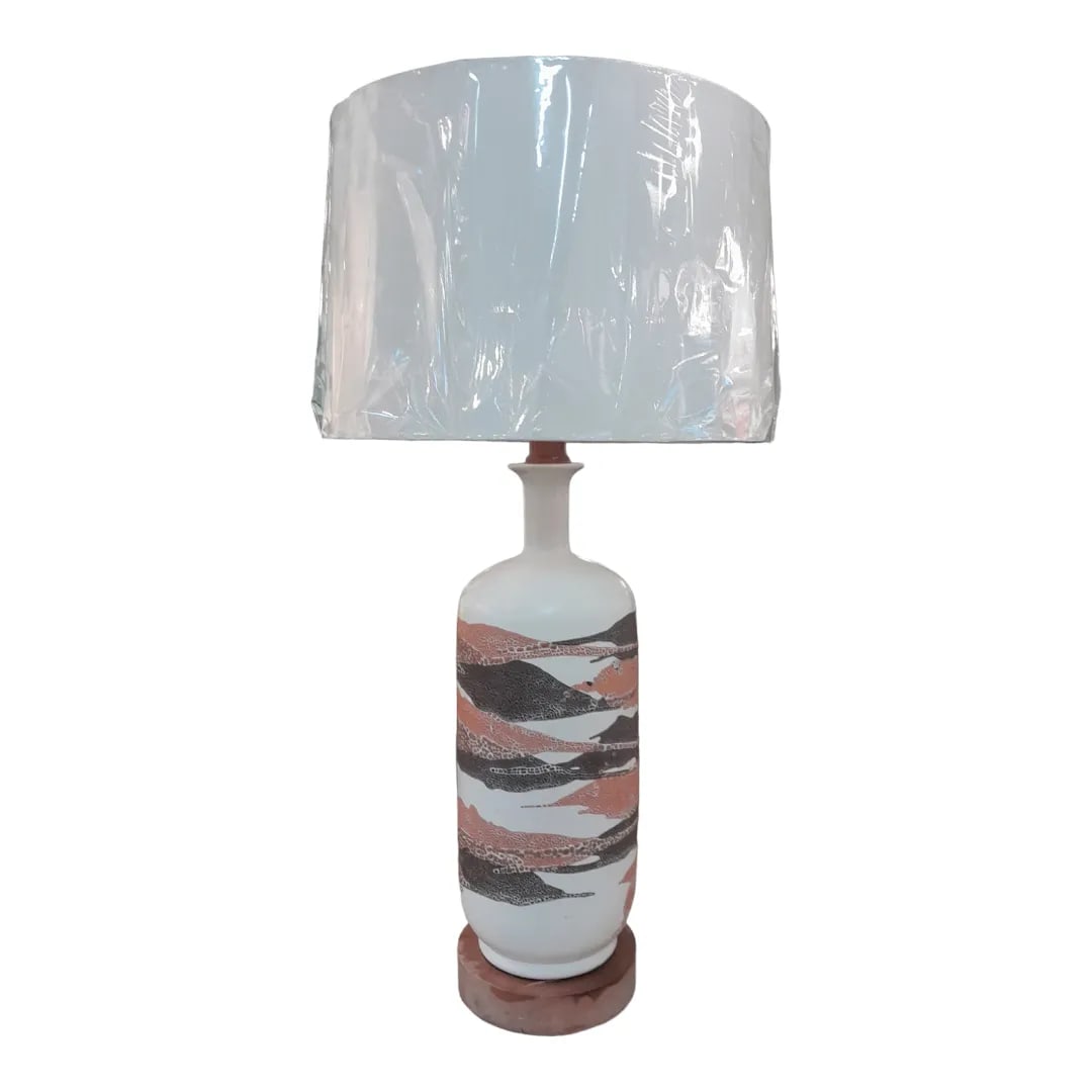 1960s Large Vintage Haeger Pottery Orange Peel Earthenware Pottery Lamp With Silk Drum Shade - 6