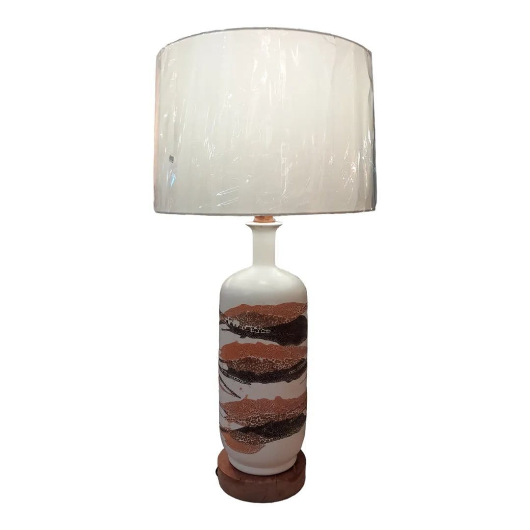 1960s Large Vintage Haeger Pottery Orange Peel Earthenware Pottery Lamp With Silk Drum Shade - 7