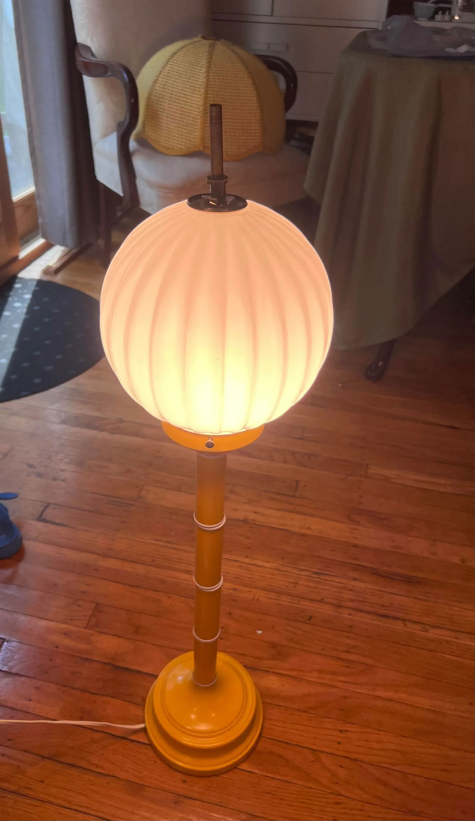1970s Mid-Century Modern Yellow Table Lamp, Domed Wicker Shade With Large White Globe Housing Inside - 10