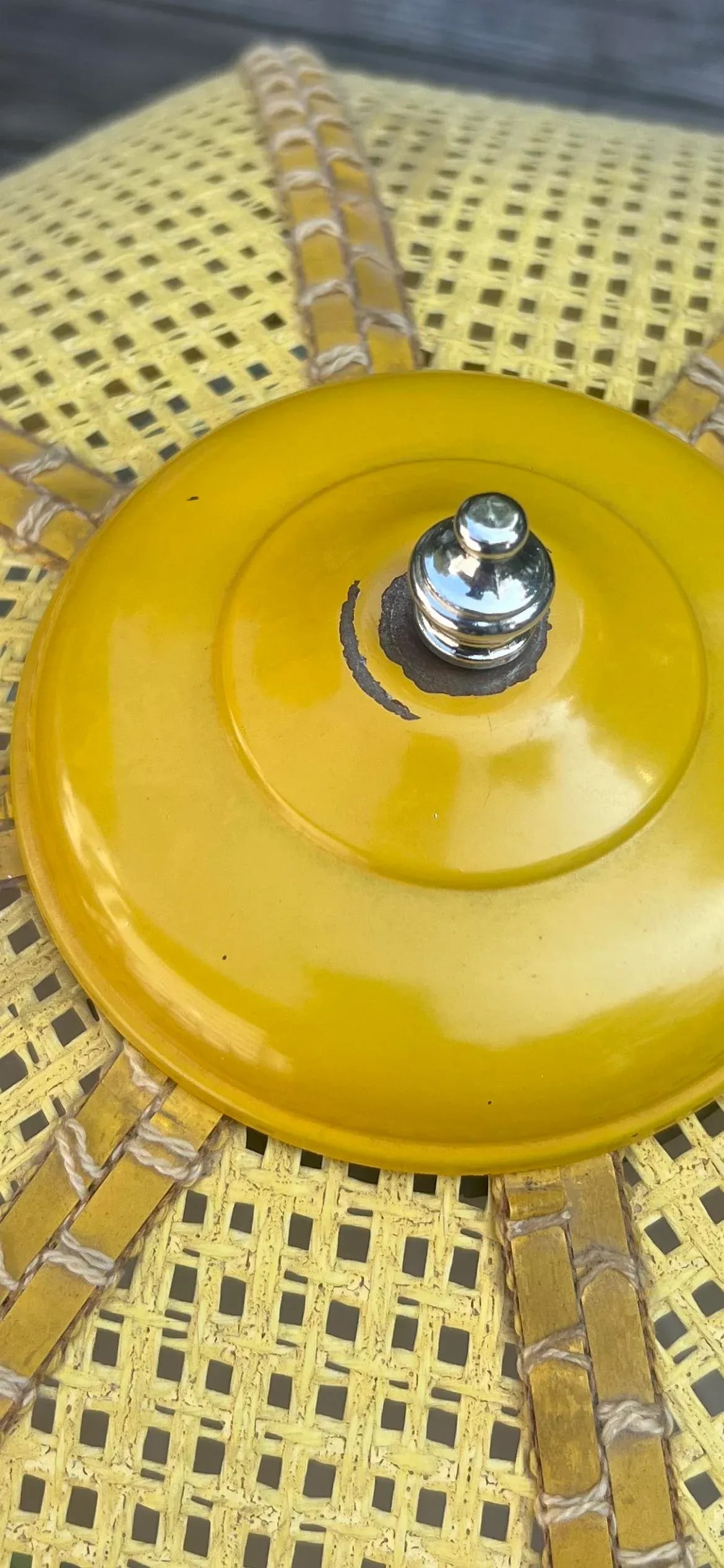 1970s Mid-Century Modern Yellow Table Lamp, Domed Wicker Shade With Large White Globe Housing Inside - 12