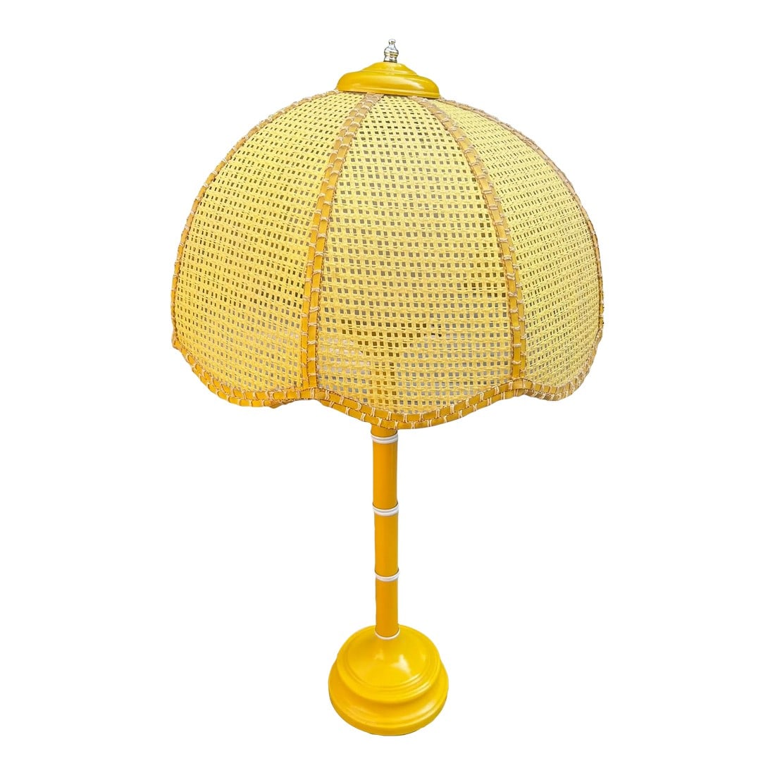 1970s Mid-Century Modern Yellow Table Lamp, Domed Wicker Shade With Large White Globe Housing Inside (1 of 12)