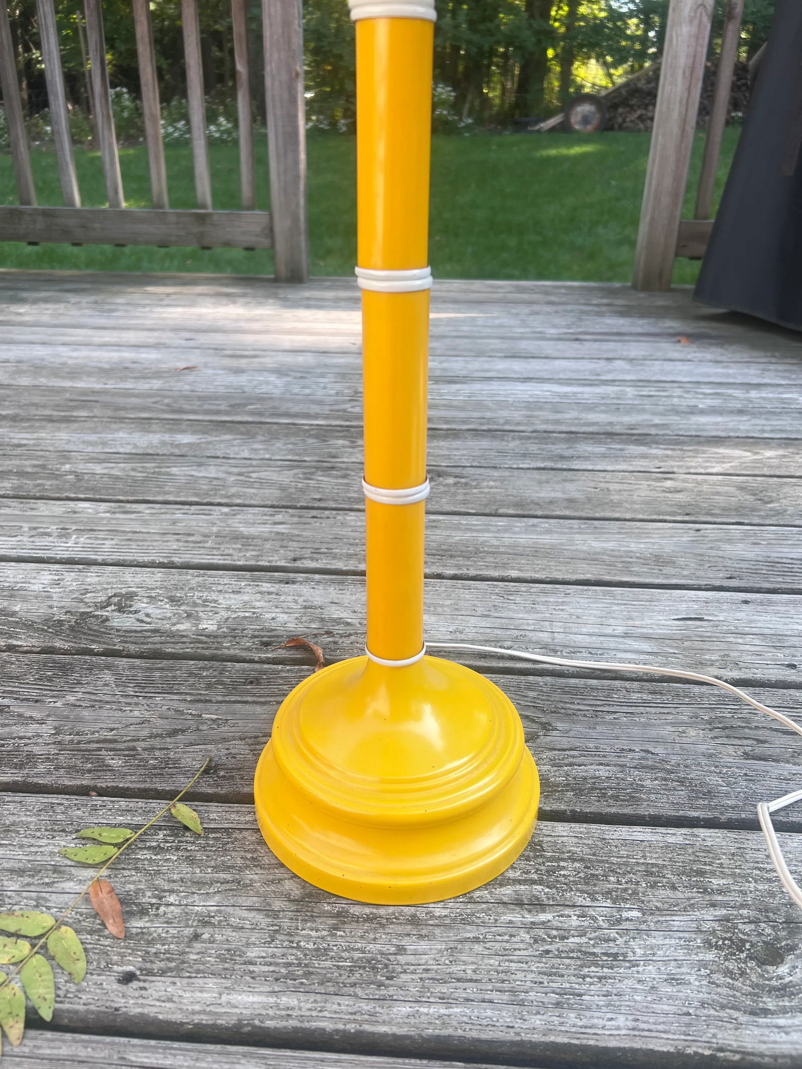 1970s Mid-Century Modern Yellow Table Lamp, Domed Wicker Shade With Large White Globe Housing Inside - 2